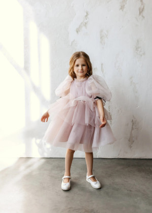 Puff Sleeves Tulle Tiered Flower Girl Dress
